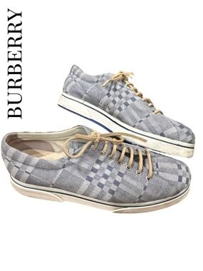 Burberry Unisex Blue Check Canvas Sneakers with Tan Laces